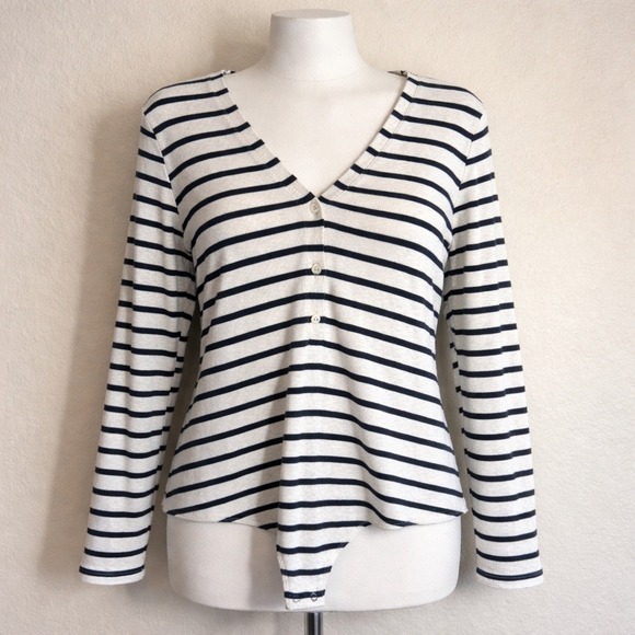 Express Tops - Express Striped Ribbed Knit V-Neck Long Sleeve Bodysuit Ivory Navy XL NEW